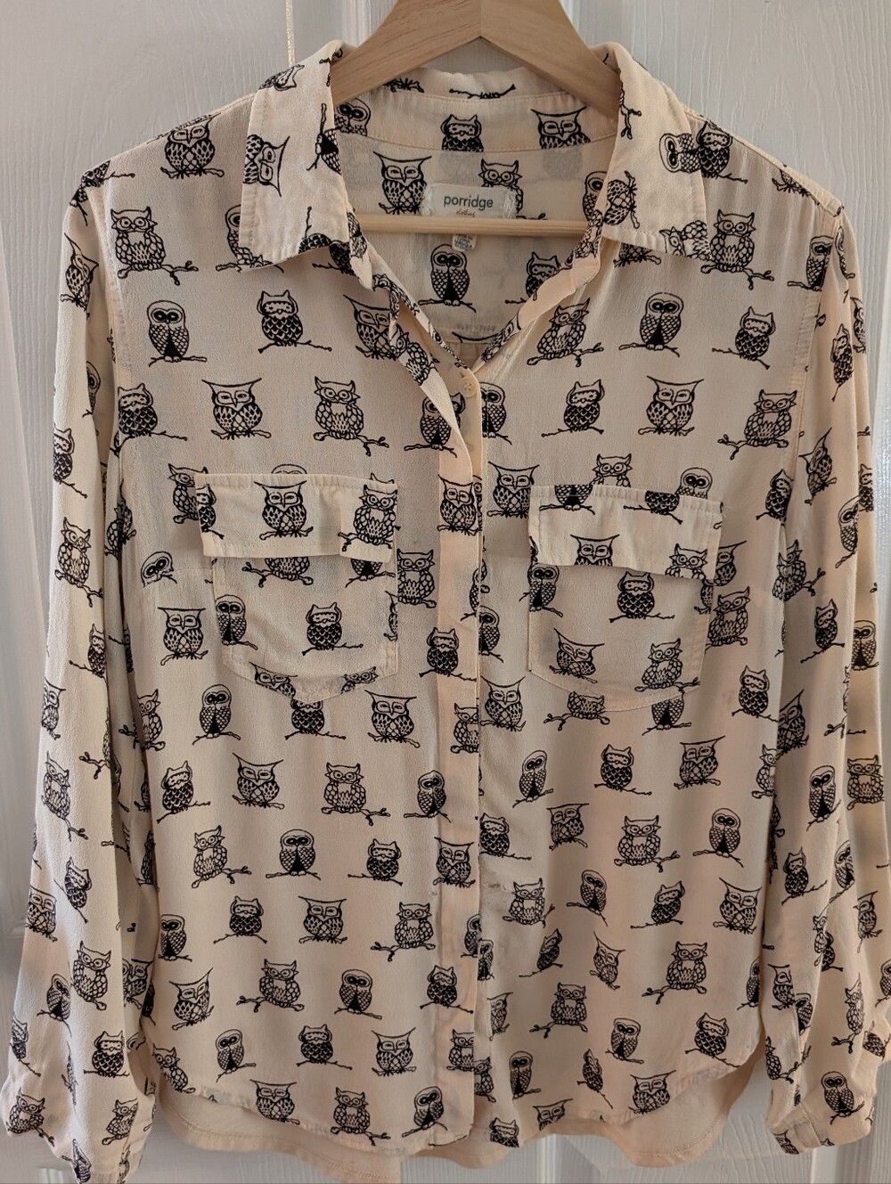 Porridge Beige Owl Print Long-Sleeve Shirt